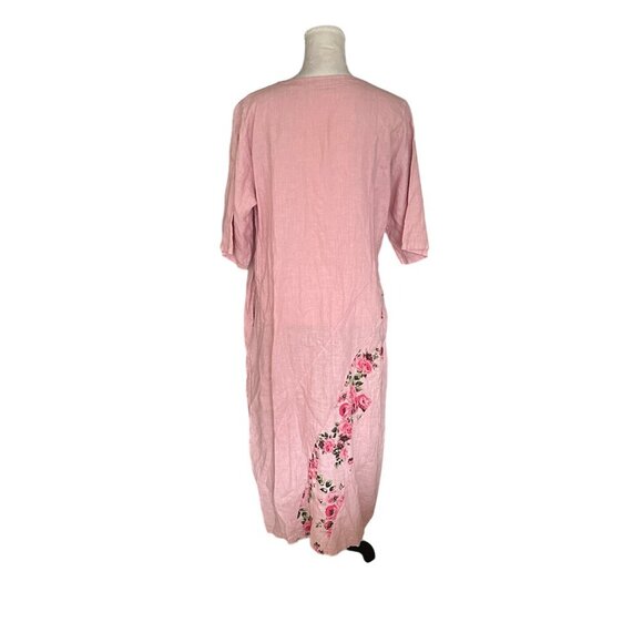 Lin Blanc 100% Linen Pink Floral Embellished Long Dress Lagenlook- Sz 46 Unique - Picture 3 of 10